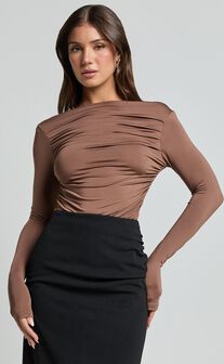 Fabia Top - Asymmetrical Off Shoulder Ruched Top in Mocha