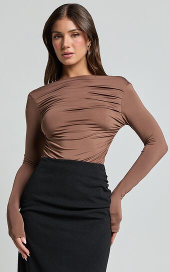 Fabia Top - Asymmetrical Off Shoulder Ruched Top in Mocha