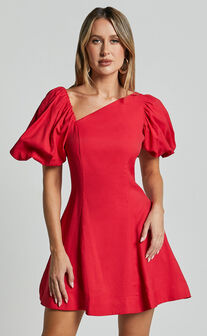 Harlow Mini Dress - Asymmetric Puff Sleeve Flare Dress in Red