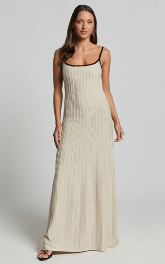 Melody Maxi Dress - Panelled Knit Contrast Detail Dress in Oat