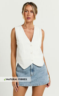 Kiraye Top - Linen Button Through Vest in Off White