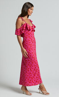 Giulia Midi Dress - One Shoulder Frill Detail Dress in Pink Floral