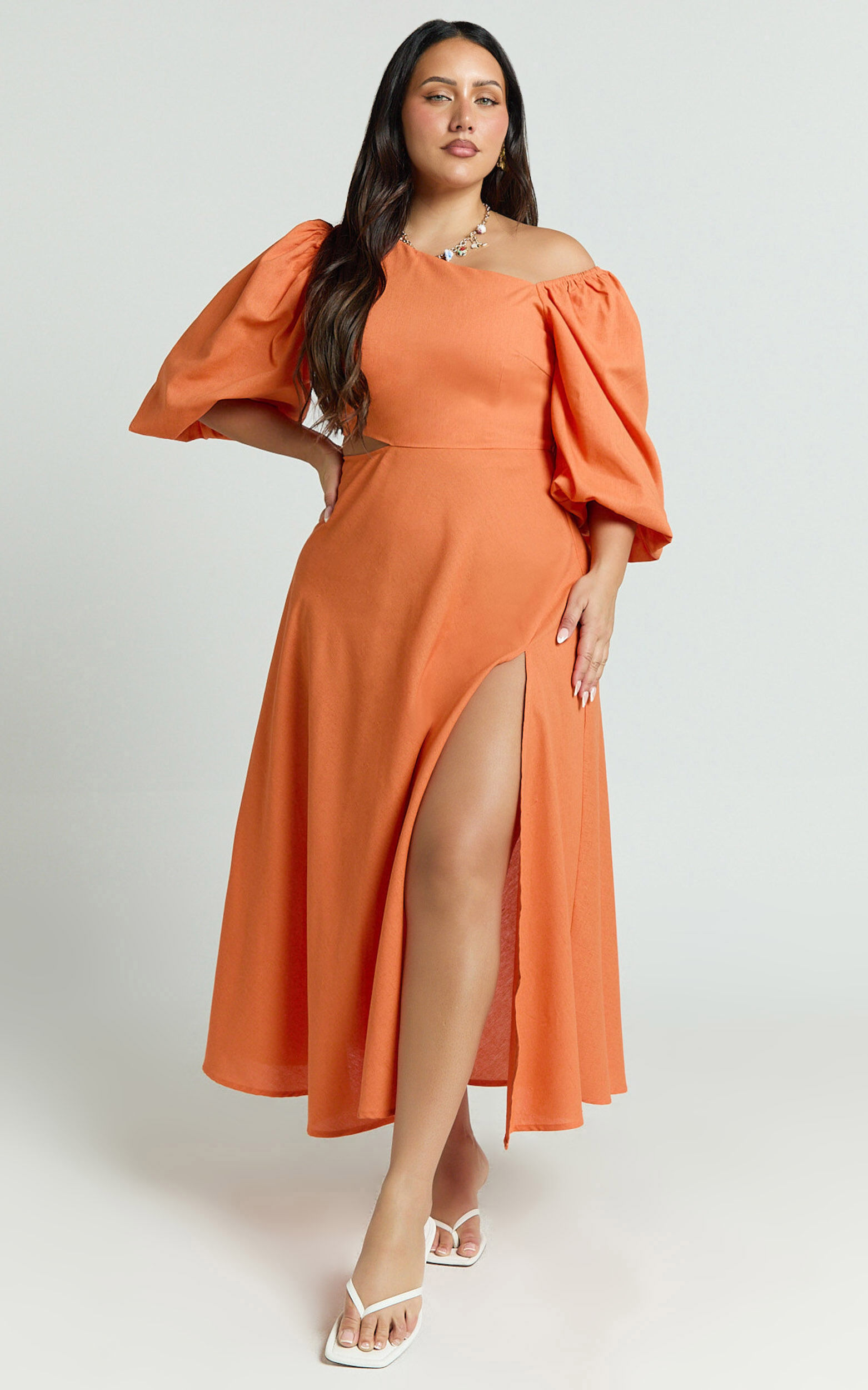 Rhyne Midi Dress - Asymmetric Puff Sleeve Side Cut Out A