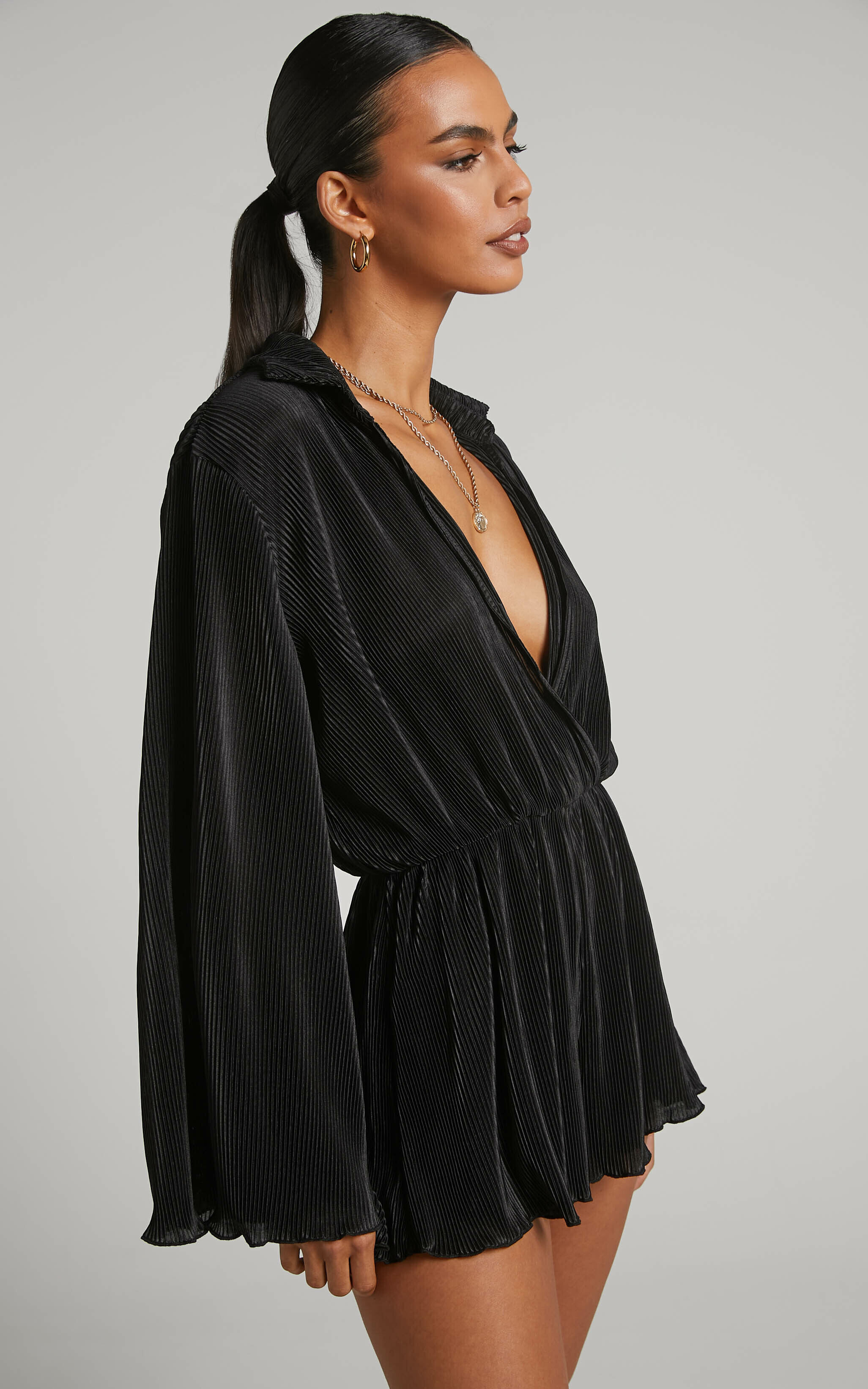 Elowen Playsuit Plisse Collared Long Sleeve Playsuit in Black