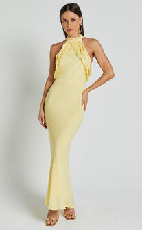 Asha Maxi Dress- High Neck Ruffle Detail Dress in Banana