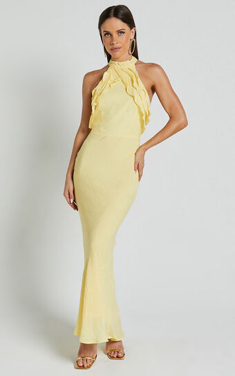 Asha Maxi Dress- High Neck Ruffle Detail Dress in Banana No Brand