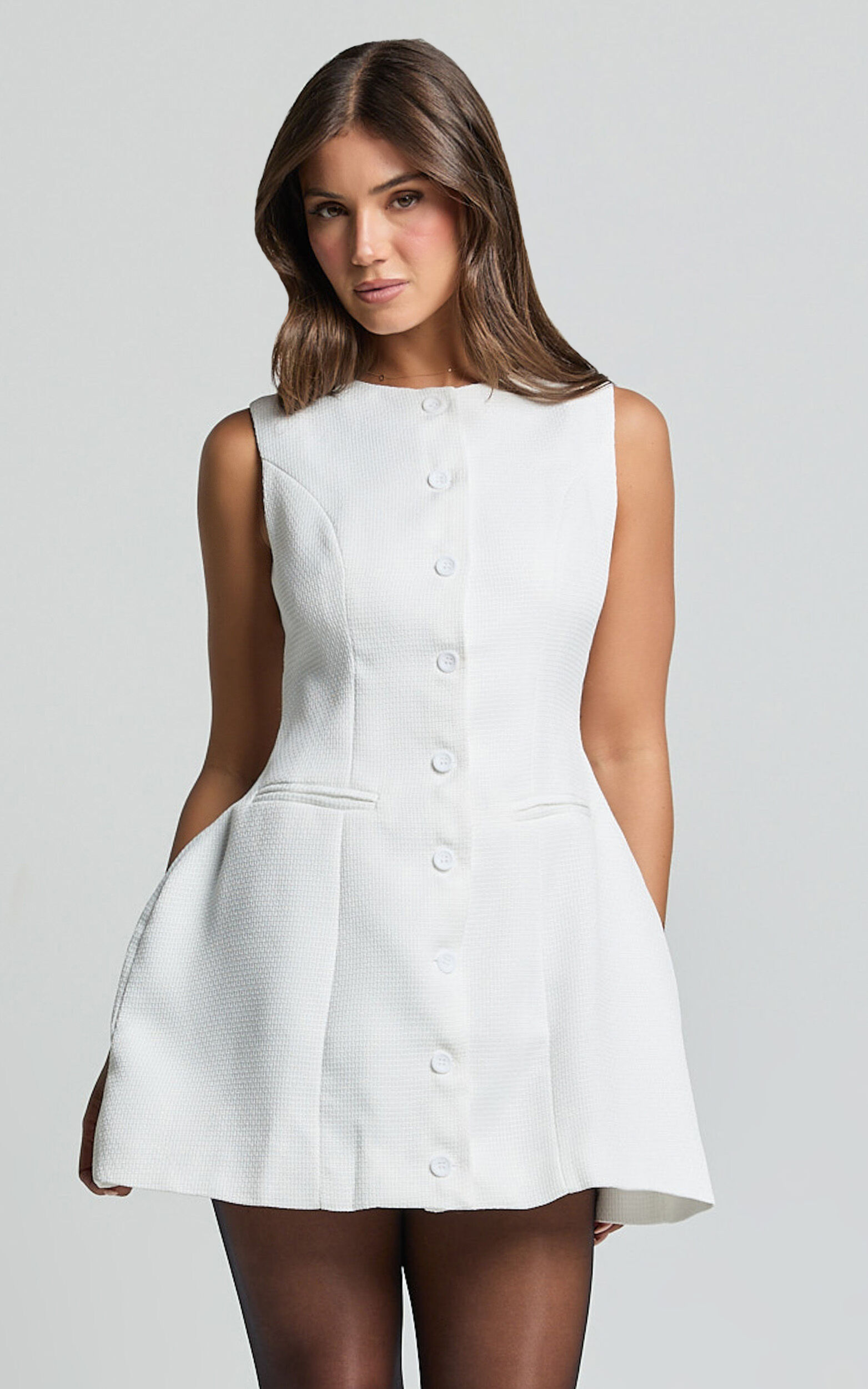 Polly Mini Dress - Button Down Line Look Dress in White - 08, WHT1