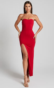 Oriella Midi Dress - Panelled Thigh Split Strapless Dress in Red