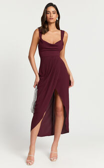 Wenalyn Midi Dress - Cowl Neck Draped Dress in Wine