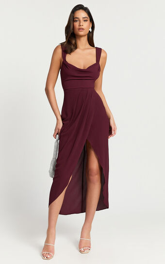 Wenalyn Midi Dress - Cowl Neck Draped Dress in Wine