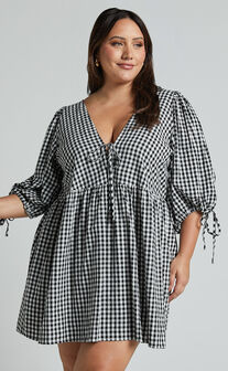 Rosita Mini Dress - Tie Front Puff Sleeve Dress in Black and White Check