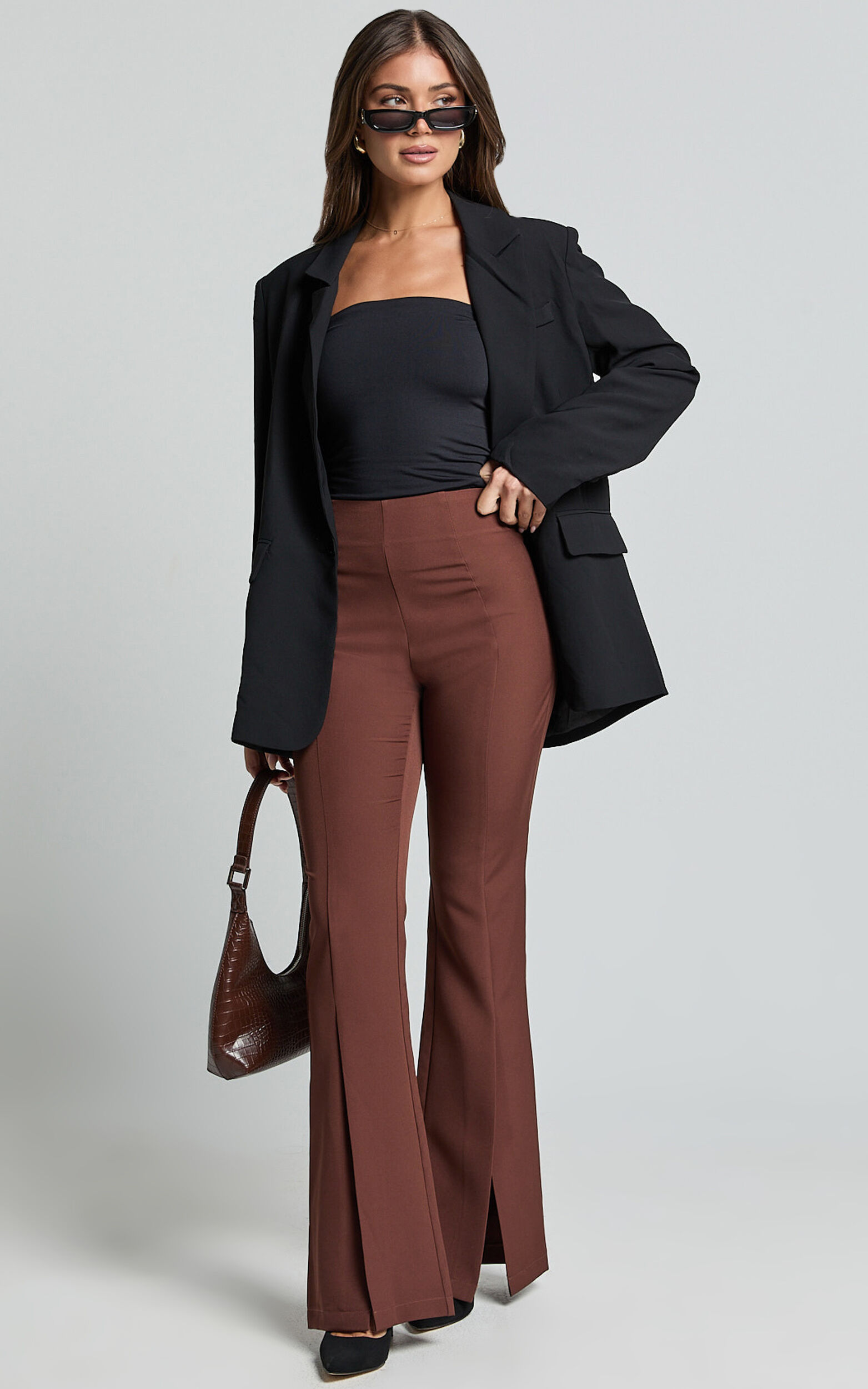 Volta Pants - Front High Waisted Split Boot Leg Kick Out Pants in Chocolate - 04, BRN1