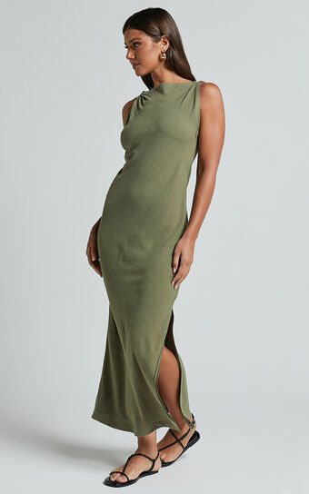 Jessenia Midi Dress - Linen High Neck Dress in Olive