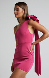 Shaima Mini Dress - One Shoulder Bow Detail Cape Sleeve Dress in Pink ...