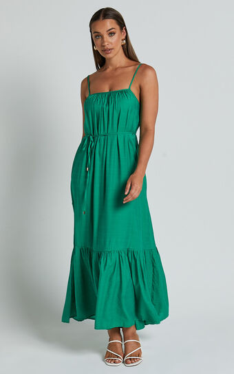 Charisse Maxi Dress - Strappy Scoop Neck Relaxed Gathered Dress in Green