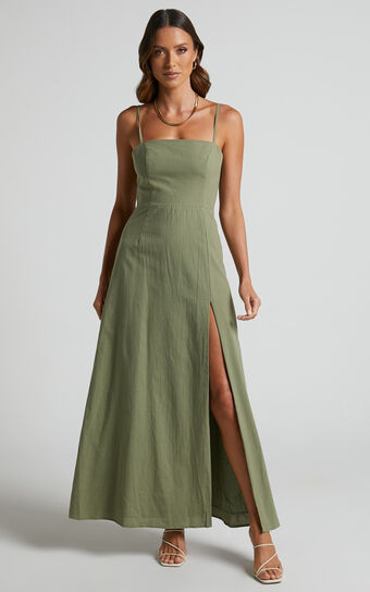 Marsha Midi Dress - High Split Slip Dress in Khaki