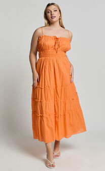 Schiffer Midi Dress - Strappy Ruched Tie Front Tiered Dress in Mandarin