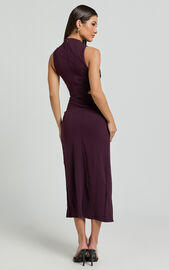 Millie Midi Dress - Front Twist Cut Out Thigh Split Dress in Plum | Showpo