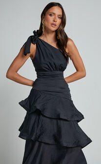 Eugenia Midi Dress - One Shoulder Fit and Flare Layered Dress in Black