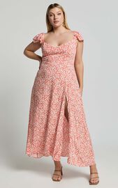 Donissa Midi Dress - Thigh Split Flutter Sleeve Dress in Orange Floral ...