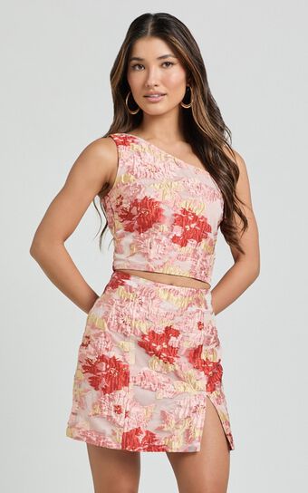 Anita Two Piece Set - One Shoulder Crop Top and Split Mini Skirt Jacquard Set in Rust
