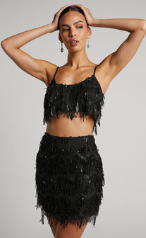 Khrizza Top - Sequin Diamond Mesh Cropped Cami Top in Black