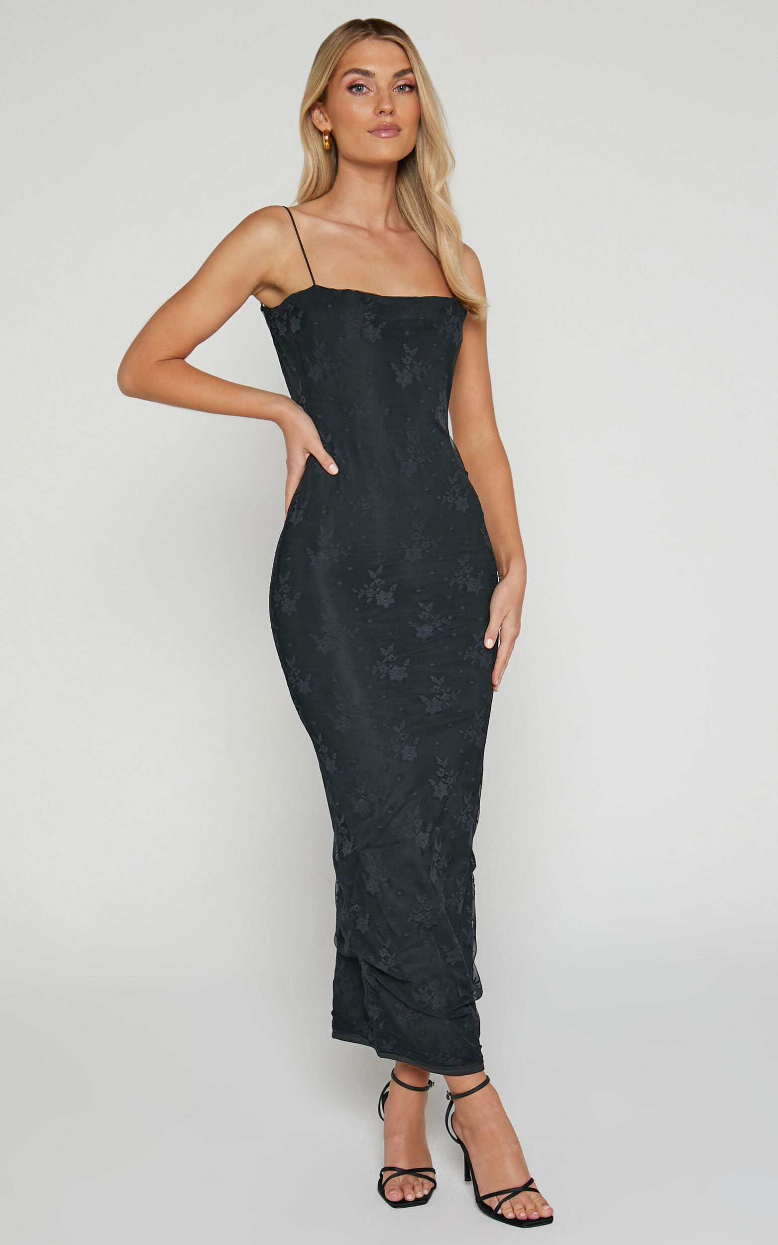 Penelope Midi Dress - Lace Cami Slip Dress in Black - 06, BLK1