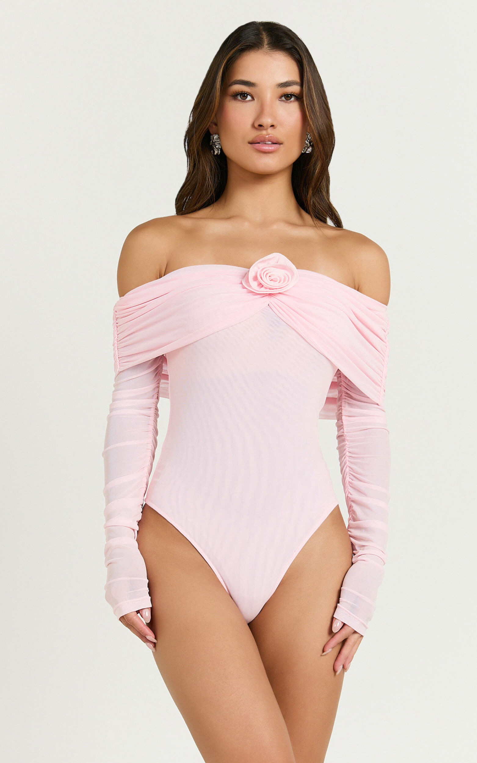 Seraphina Bodysuit - Off Shoulder Long Sleeve Detachable Rosette Mesh ...