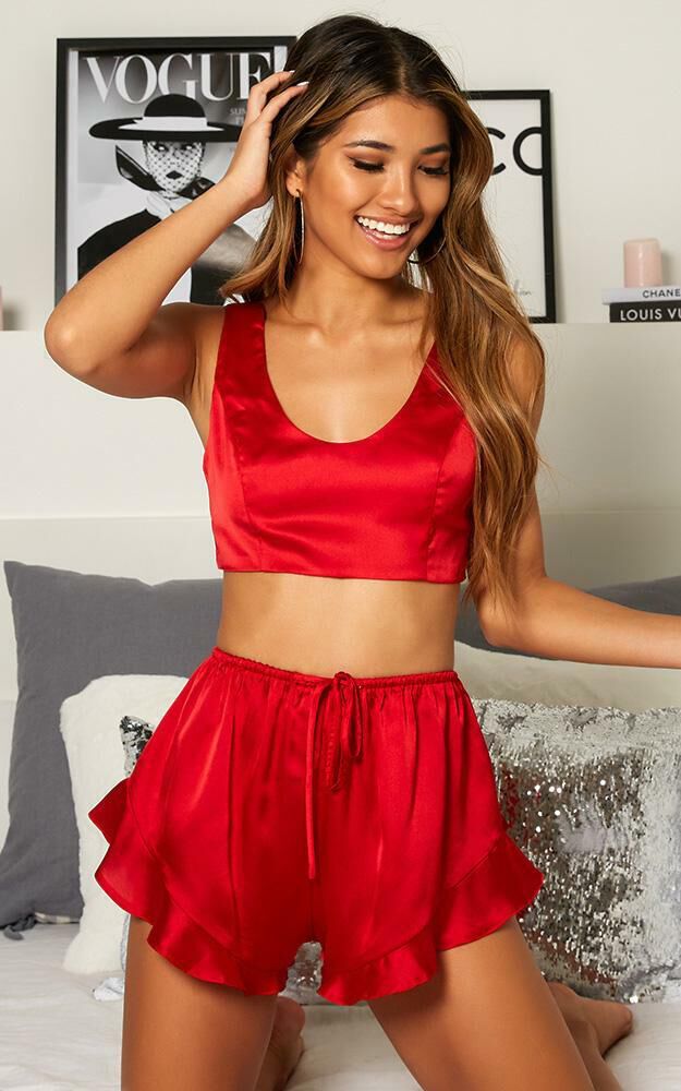 Red satin two piece set top