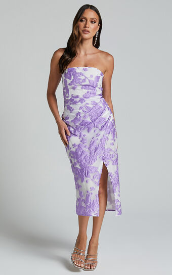 Brailey Midi Dress - Thigh Split Strapless Dress in Purple Jacquard