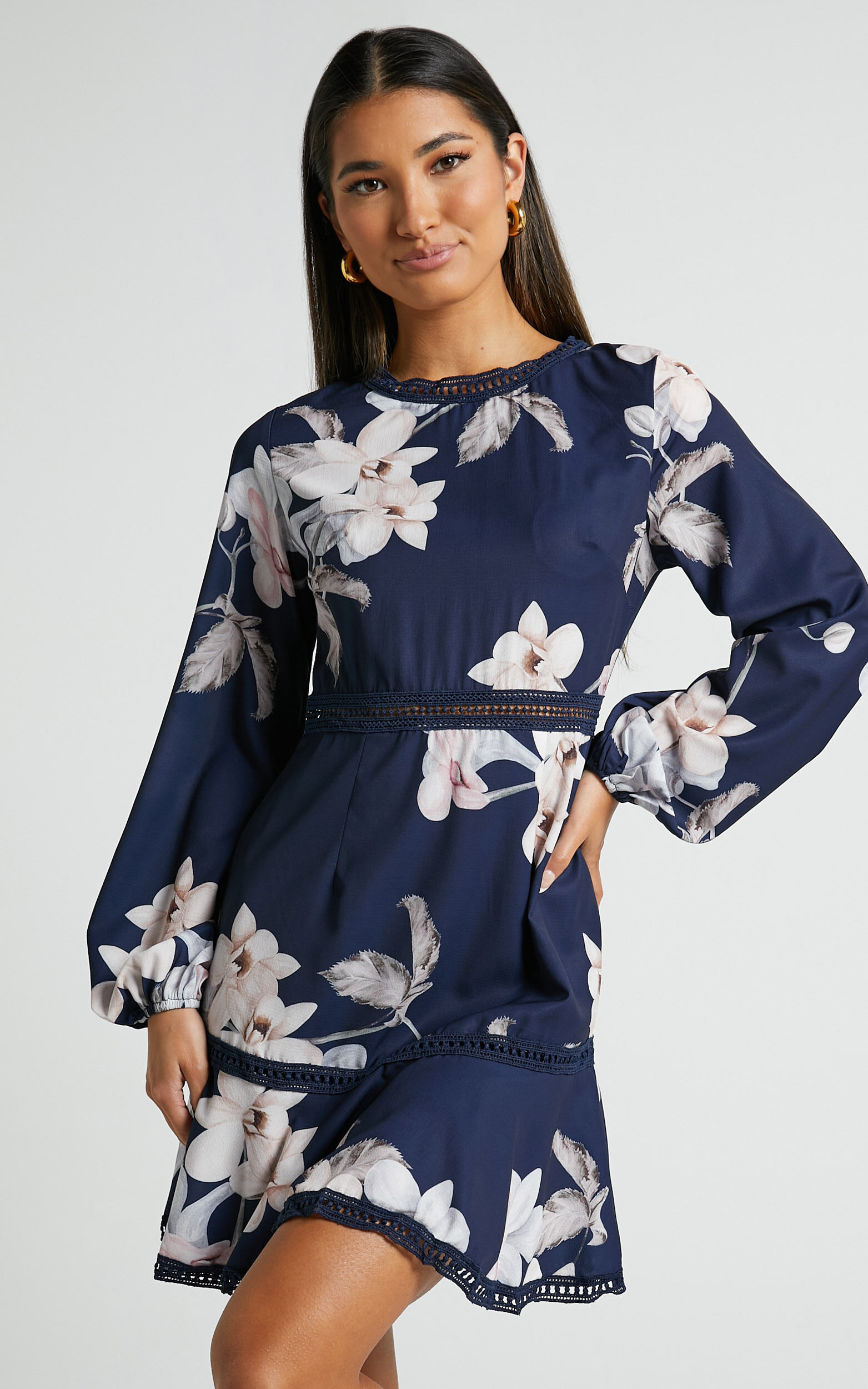 Not Missing Out Mini Dress Long Puff Sleeve Dress in Navy Floral