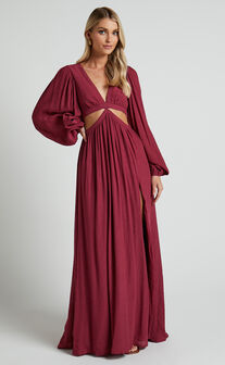 Paige Maxi Dress - Side Cut Out Balloon Sleeve Dress in Mulberry