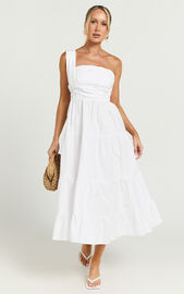 Stephanie Midi Dress - One Shoulder Tiered Midi Dress in White | Showpo