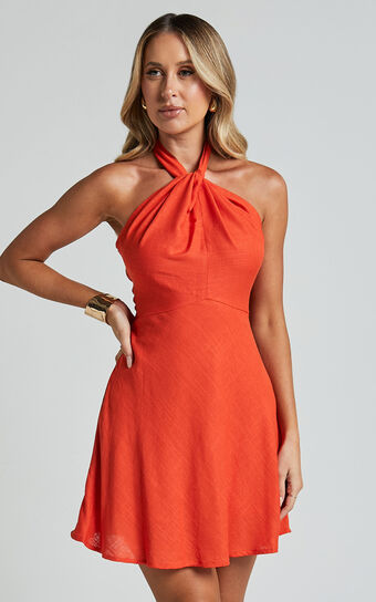 Louie Mini Dress - Linen Look Halter Neck Dress in Orange