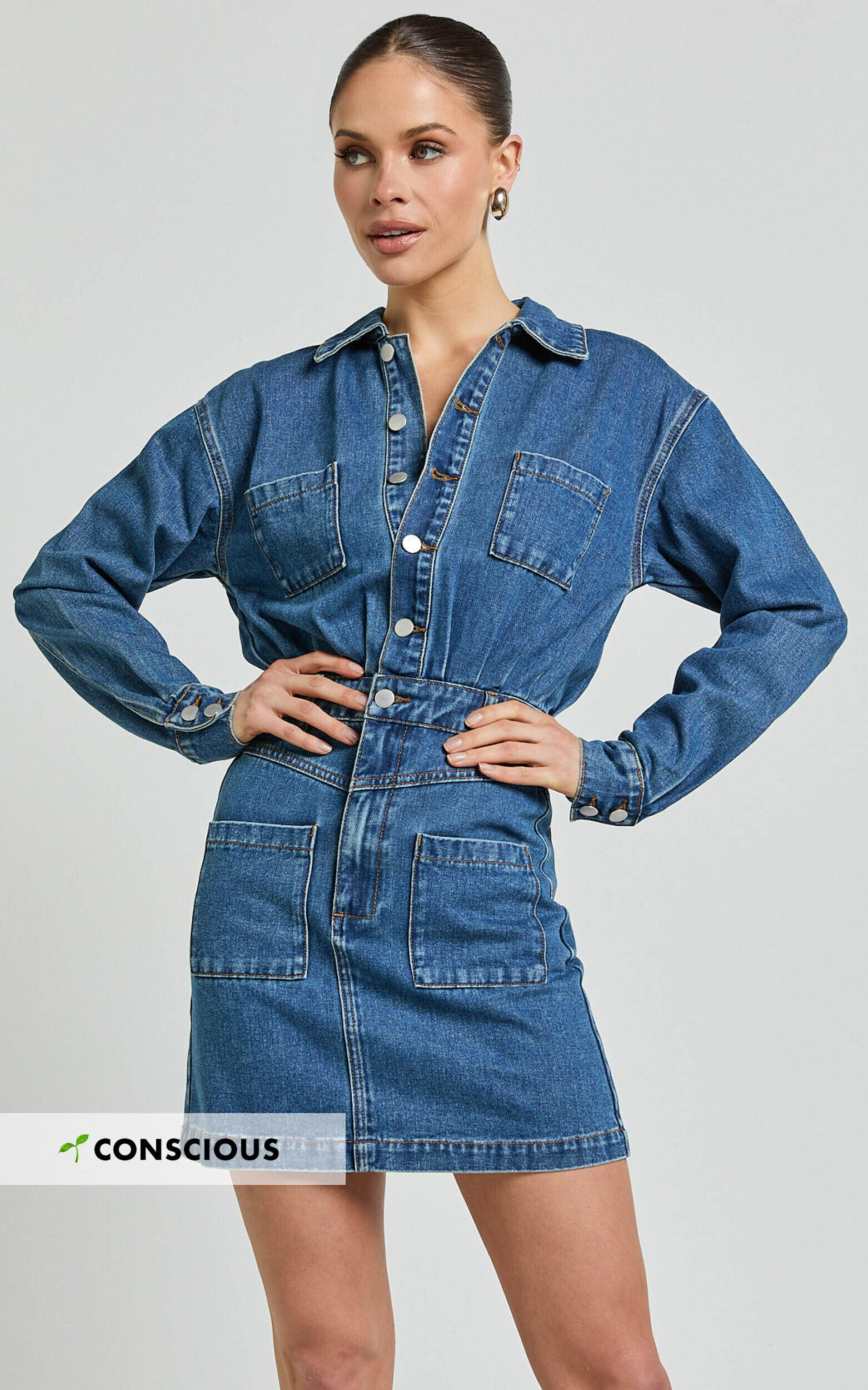 Kamala Mini Dress Long Sleeve Button Through Denim Dress in Dark Blue Wash Showpo NZ