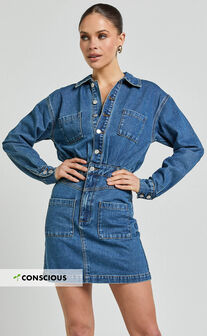 Kamala Mini Dress - Long Sleeve Button Through Denim Dress in Dark Blue Wash