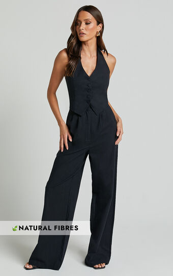 Linette Jumpsuit - Halter Neck Button Through Vest Tailored Wide Leg Jumpsuit in Black