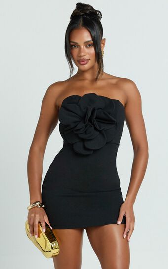 Eudora Mini Dress - 3D Floral Dress in Black