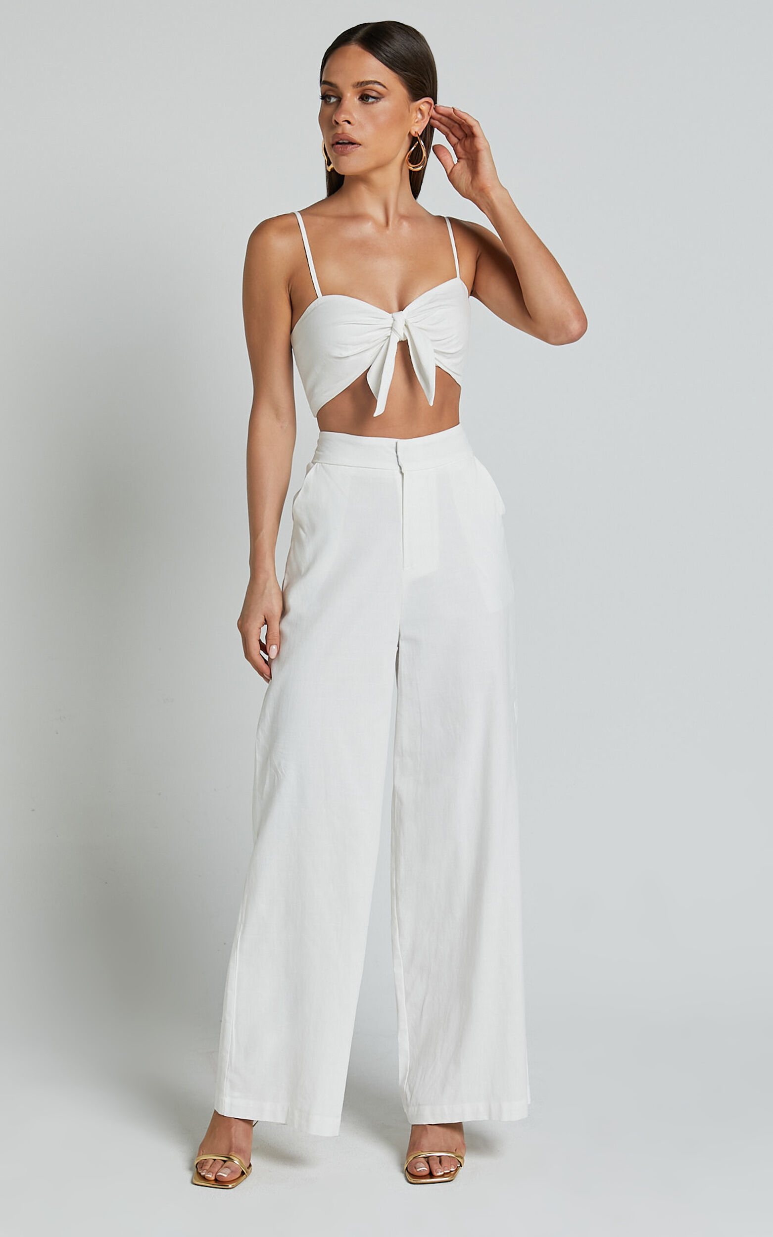 Astria Two Piece Set - Linen Tie Top and High Waisted Wide