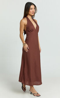 Adele Midi Dress - Halter Plunge Bias Cut Dress in Chocolate