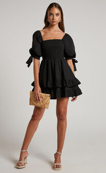 Chelle Mini Dress - Shirred Short Tie Sleeve Dress in Black