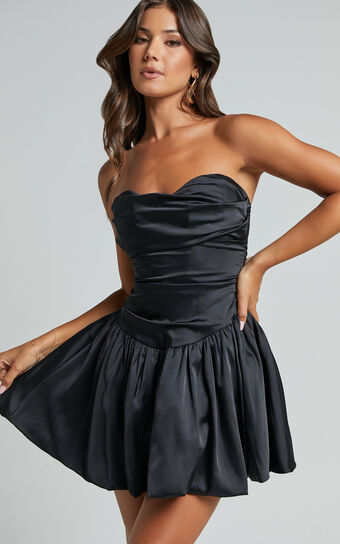 Edina Mini Dress - Strapless Drop Waist Puff Ball Dress in Black
