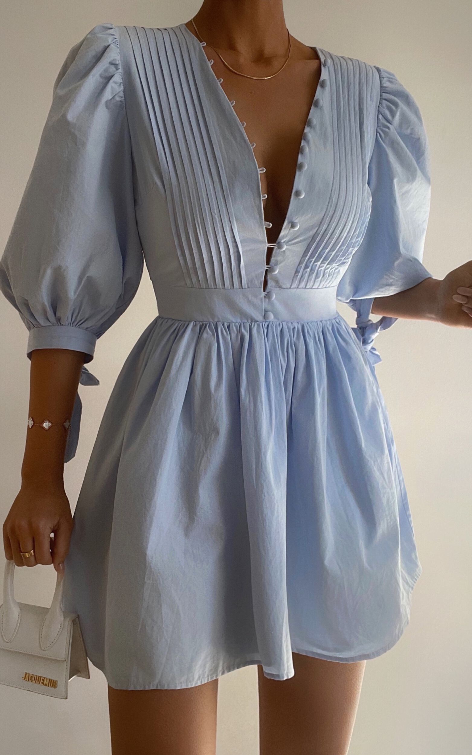 Zandra Mini Dress - Puff Sleeve Poplin Dress in Icy Blue - 06, BLU2