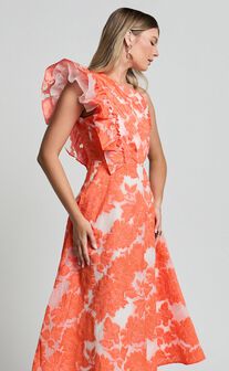 Alfreda Midi Dress - One Shoulder Ruffle Detail Brailey Jacquard Dress in Orange Jacquard