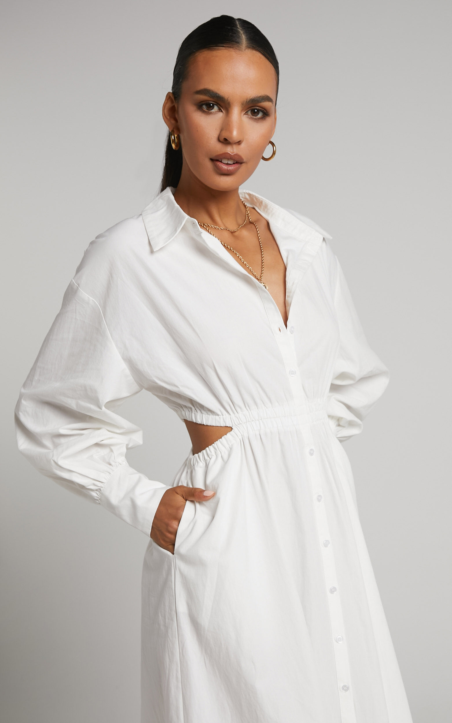 Merabelle Midi Dress Side Cut Out Collared Long Sleeve Shirt