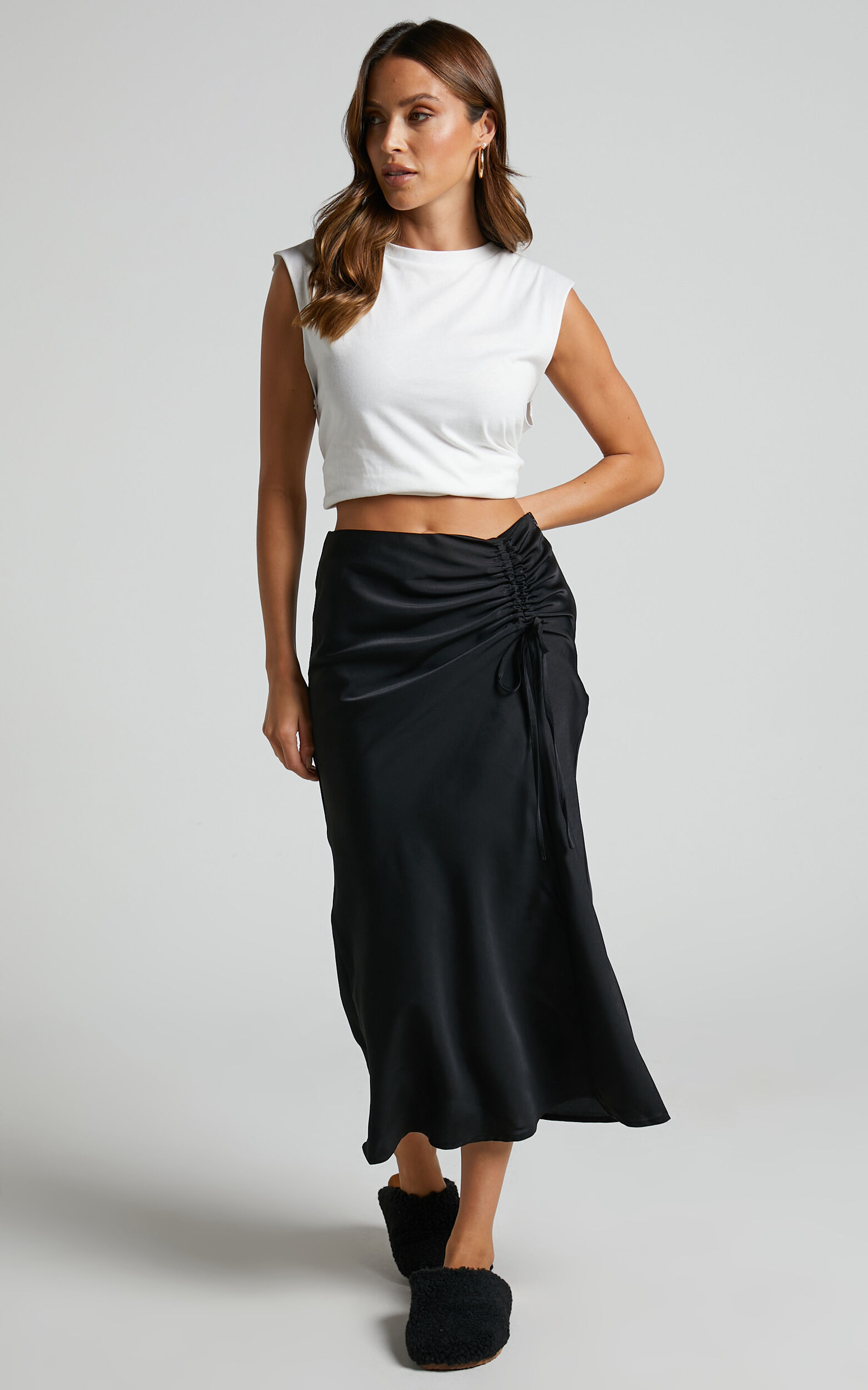 Zaylin Midi Skirt Ruched Side Satin Slip Skirt in Black
