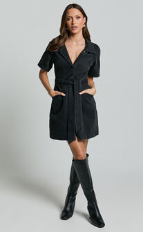 Aelicia Mini Dress - Button Through Denim Dress in Washed Black