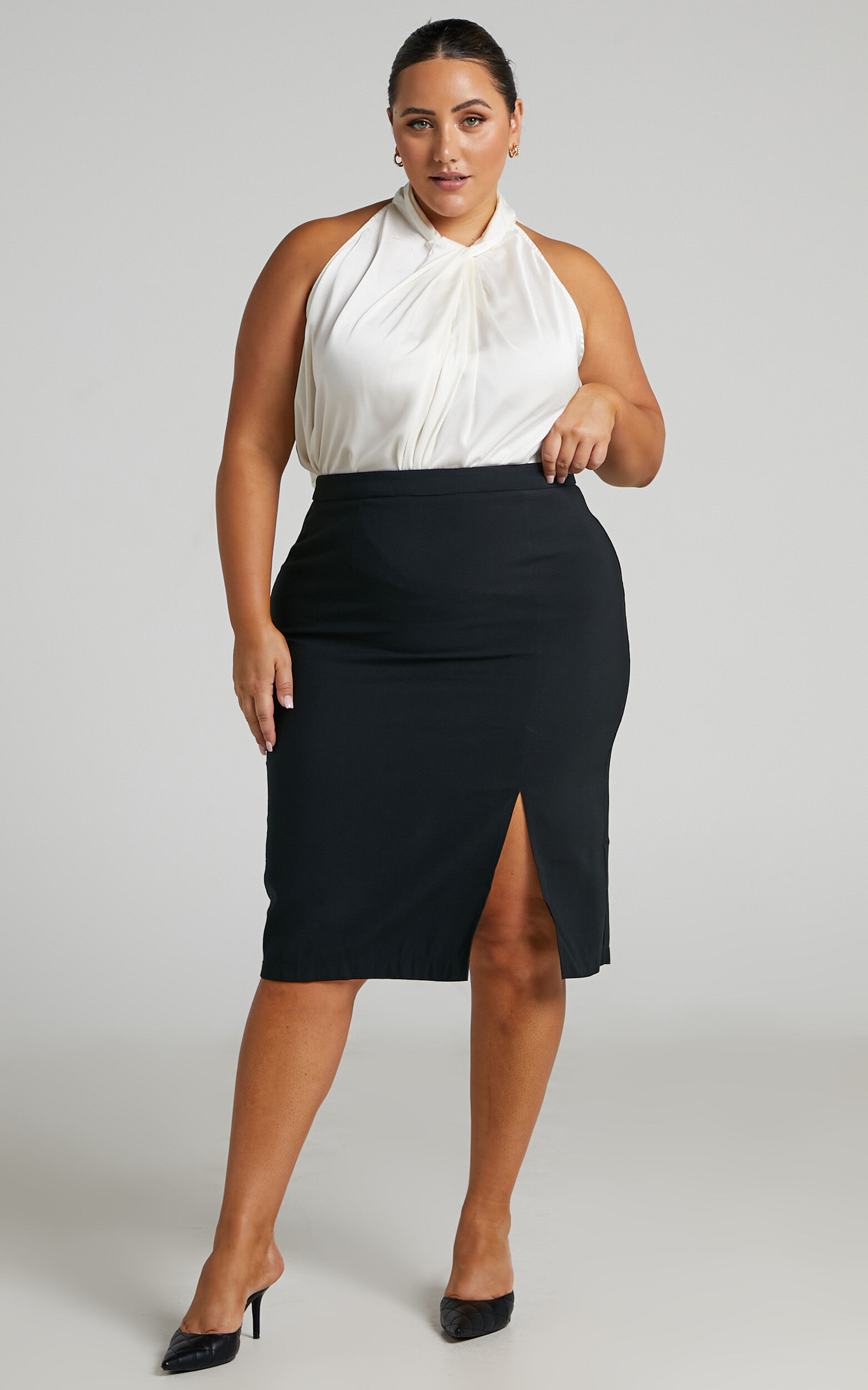 Ginna Midi Skirt Front Slit Pencil Skirt in Black Showpo