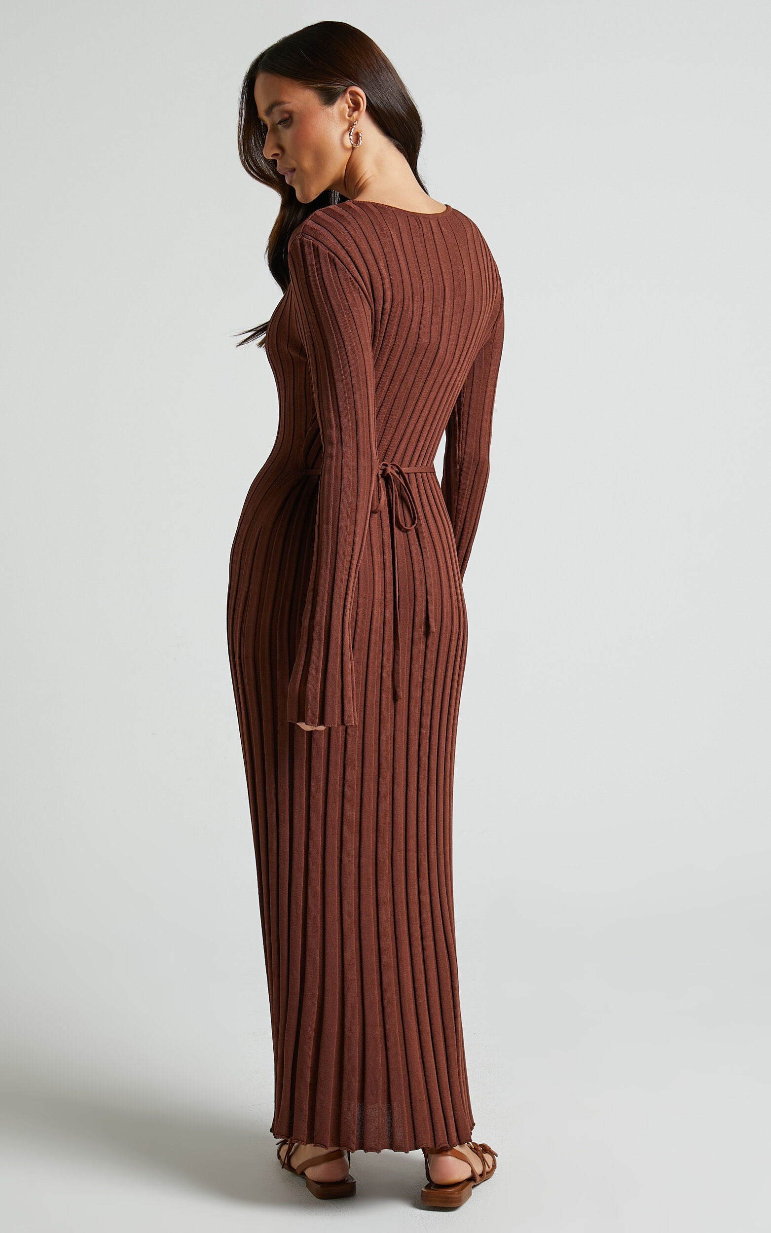 Blaire Midi Dress - Long Sleeve Tie Back Flare Dress in Chocolate