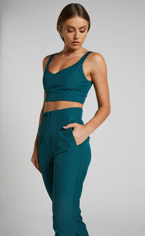 Armanda Two Piece Set - Crop Top and High Waisted Straight Leg Pants Set in Deep Green